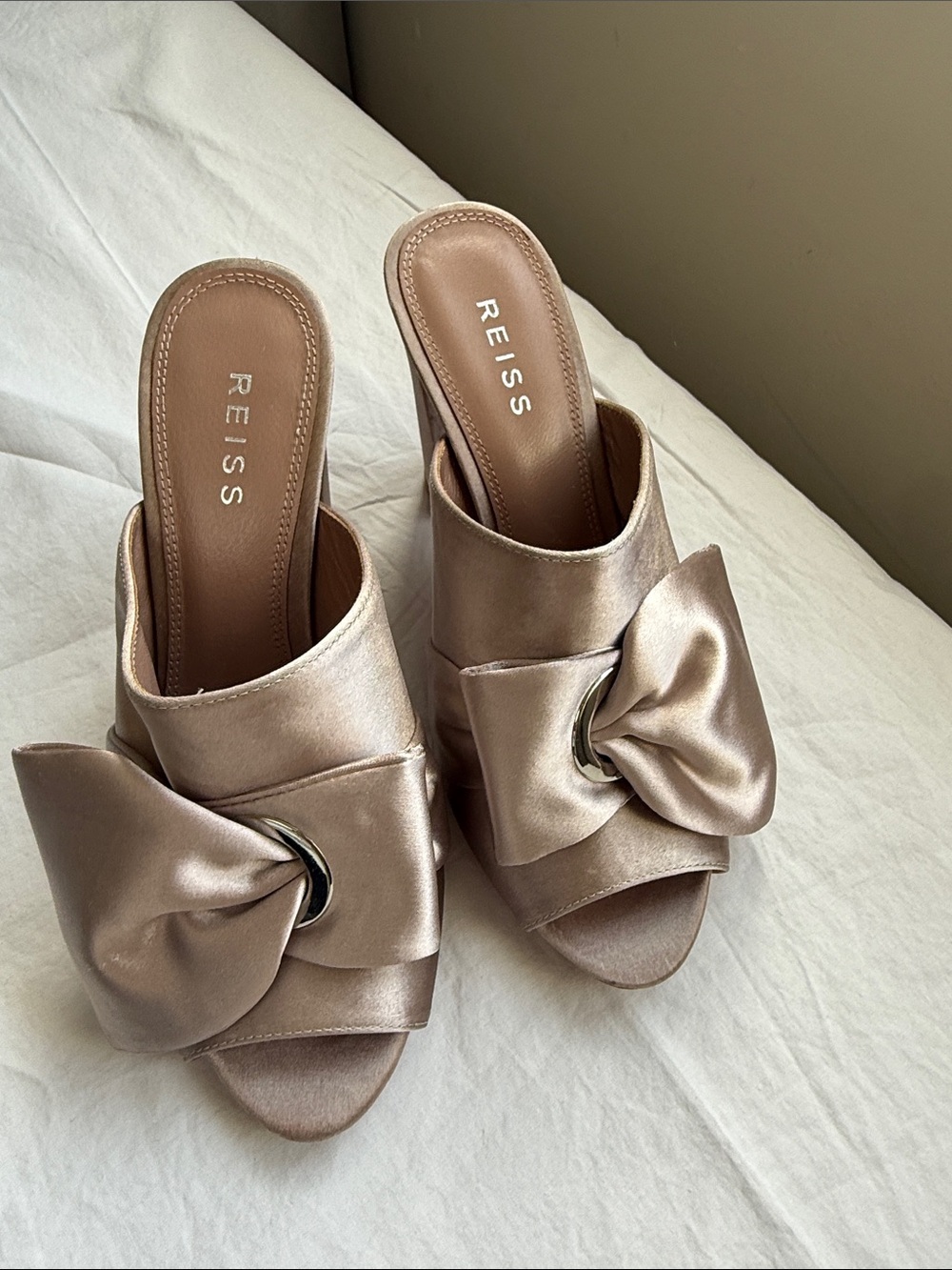 Reiss Satin Bow Slide Mules in Champagne Pink